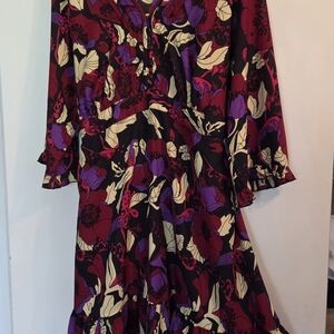 Avenue Red and Purple Floral 3/4 Sleeve Dress